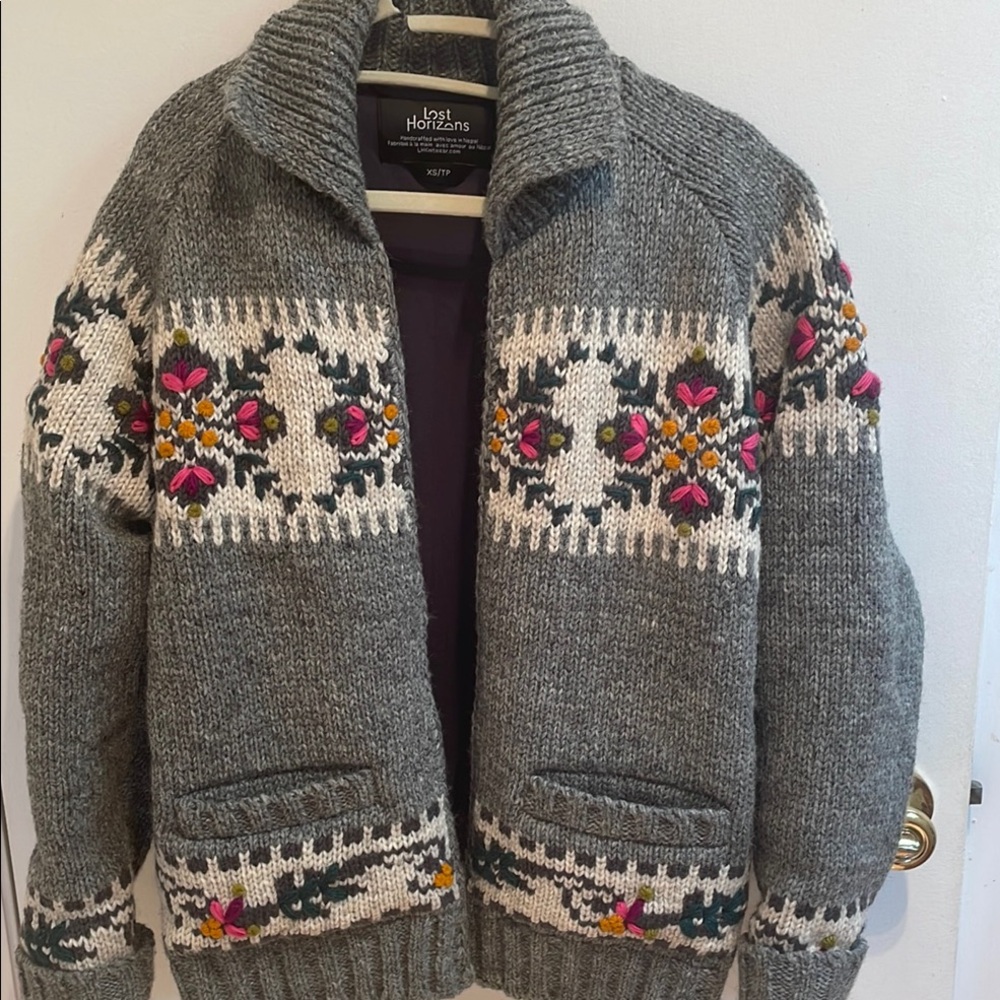 Sundance Lost Horizons Wool Gray Knit Cardigan with Floral Pattern